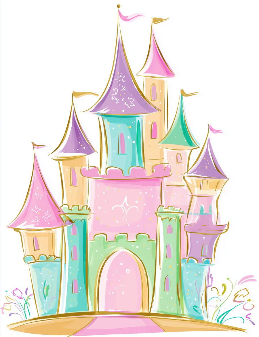 Illustration of a whimsical castle with pastel pink, blue, green, and purple towers, gold accents, and small flags on top, on a white background