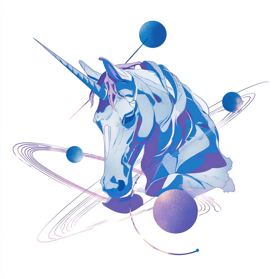 Illustration of a unicorn head in shades of blue and purple with abstract rings and spherical planets orbiting around it on a white background