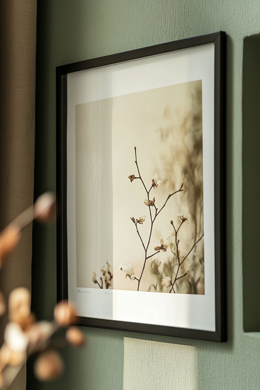 A framed botanical art print featuring delicate branches with small flowers on a soft, neutral background hanging on a green textured wall, with a blurred branch in the foreground.