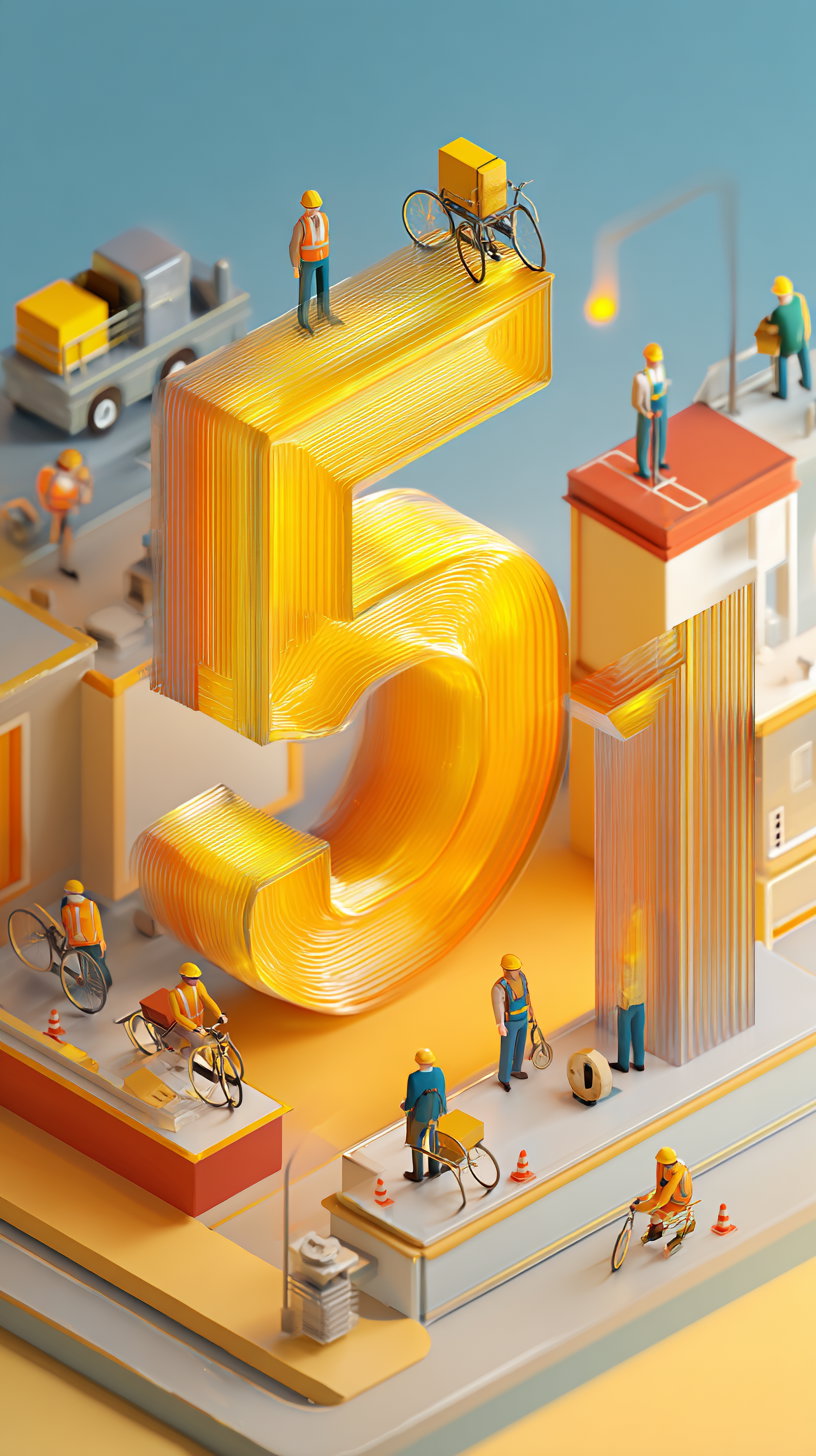 A detailed miniature construction site scene with workers, bicycles, and vehicles around a large, shiny yellow number 51, set within a stylized urban environment.