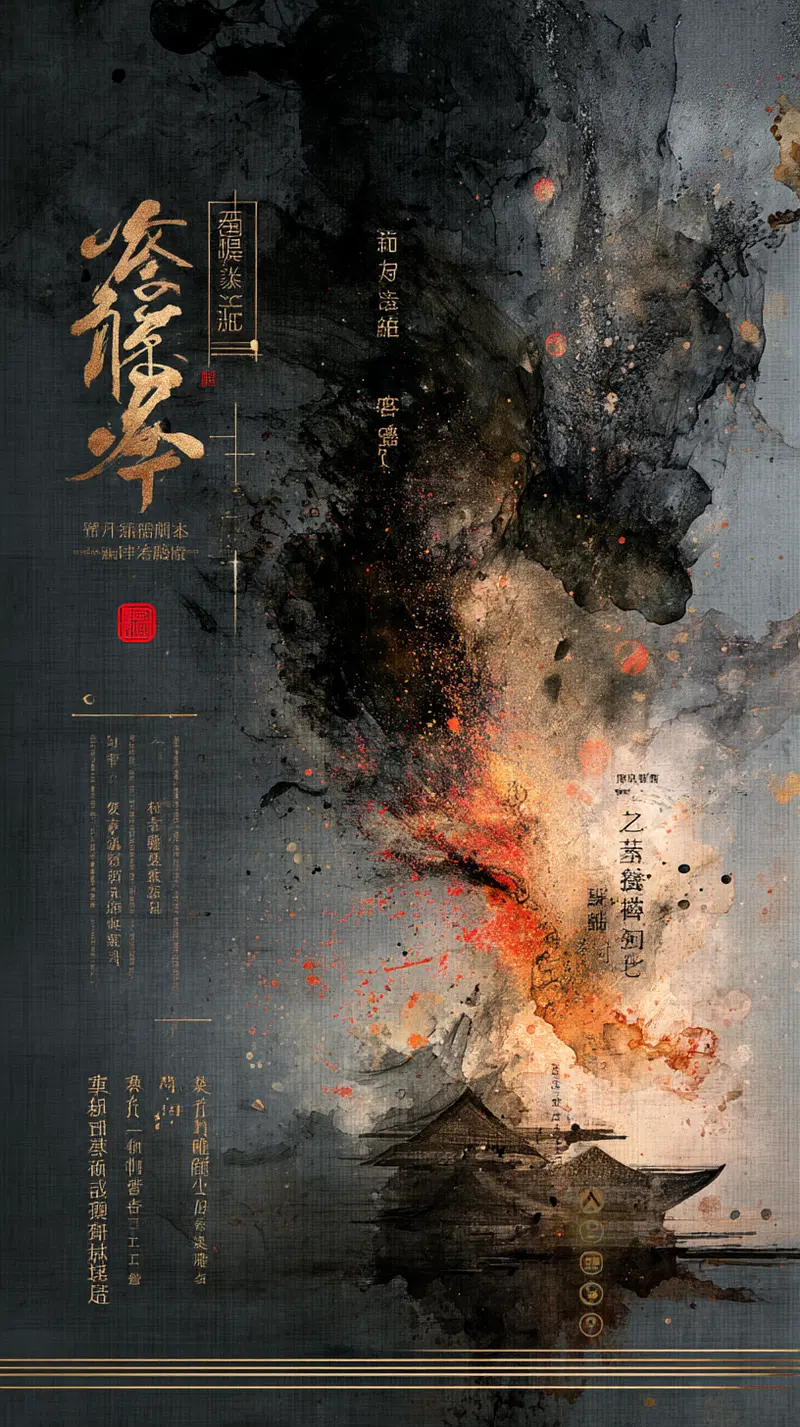 Vintage-style artistic print with Asian calligraphy and abstract ink splash