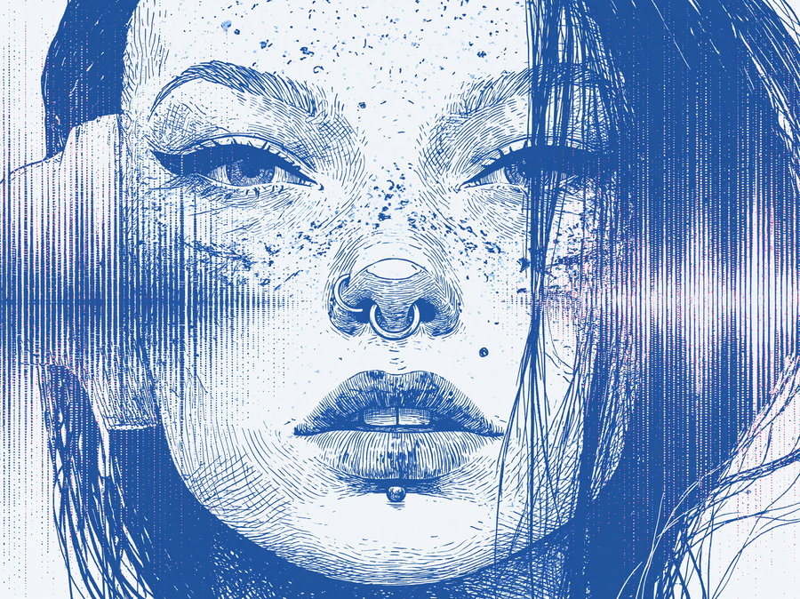 Close-up detailed blue line art drawing of a woman's face with septum and lip piercings, freckles, and strands of hair falling over one side
