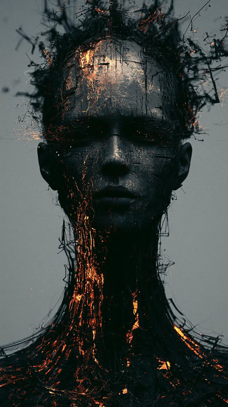 Dark and moody surreal portrait with glowing embers and textured cracks