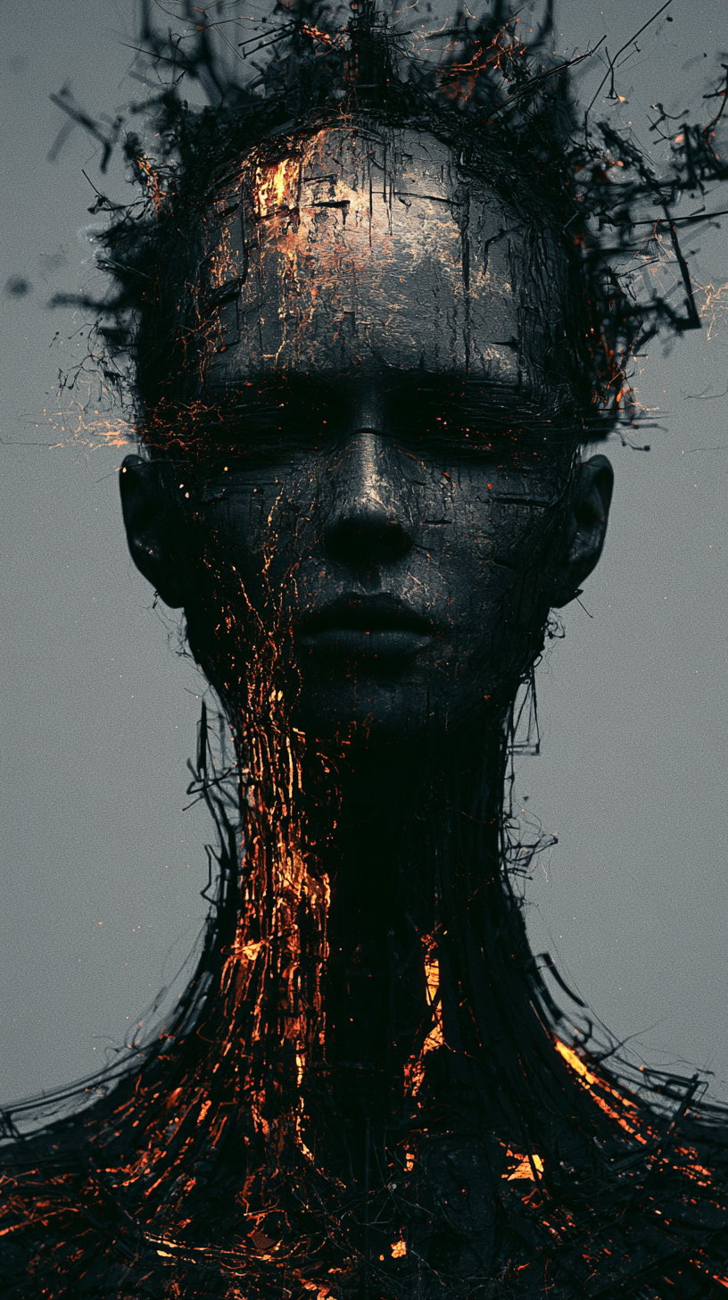 A moody dark humanoid face and upper torso with glowing orange embers and intricate black cracks and textures on a gray background