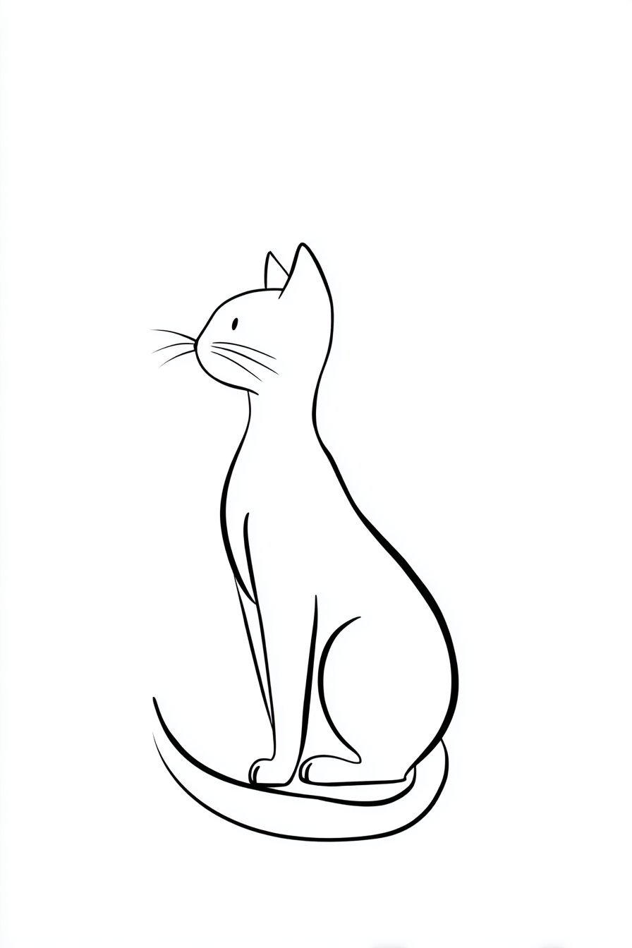 Simple black line drawing of a cat sitting with its tail curled around its body on a white background
