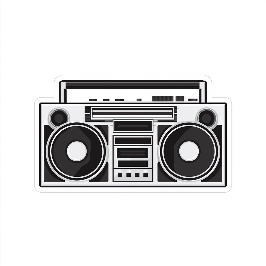 Black and white illustration of a vintage boombox with speakers and buttons on a white background