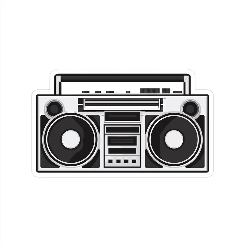 Black and white retro boombox illustration for vintage music decor