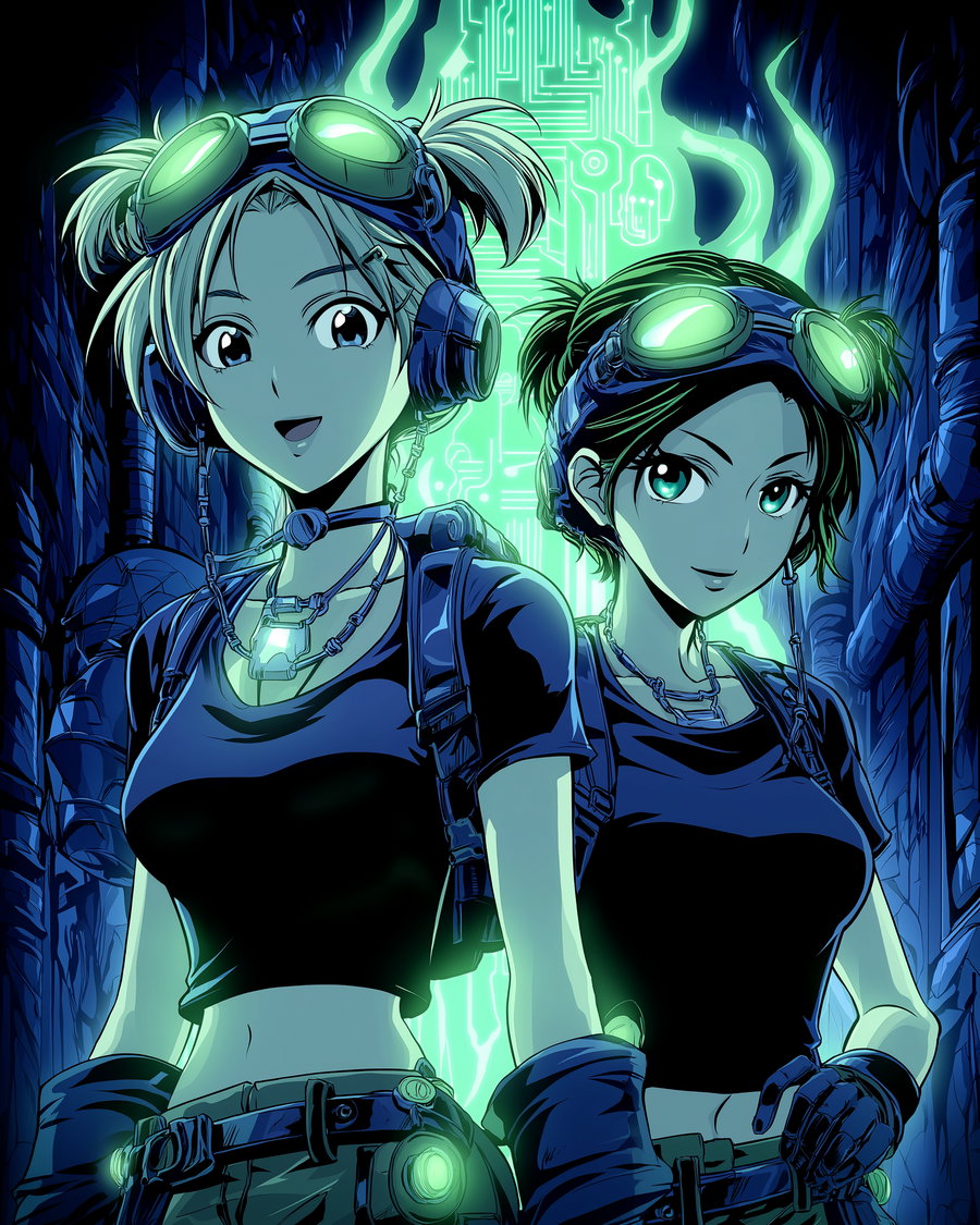 Two anime-style women wearing goggles and dark clothing, glowing green tech elements around them, set in a dark, futuristic environment