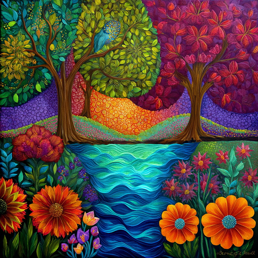 A vibrant and colorful painting showcasing various trees with green and red leaves, a flowing river in blue tones, and an assortment of bright flowers including sunflowers and orange blossoms in the foreground.