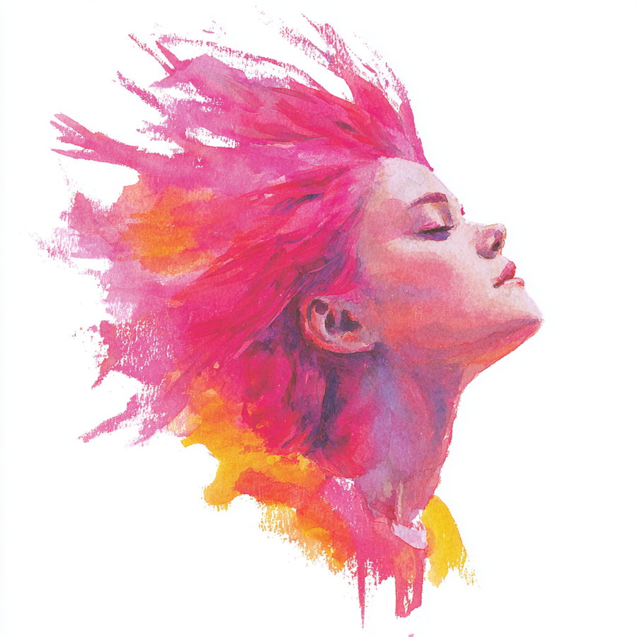 Watercolor painting of a woman's profile with pink and orange flowing hair, eyes closed, painted on a white background