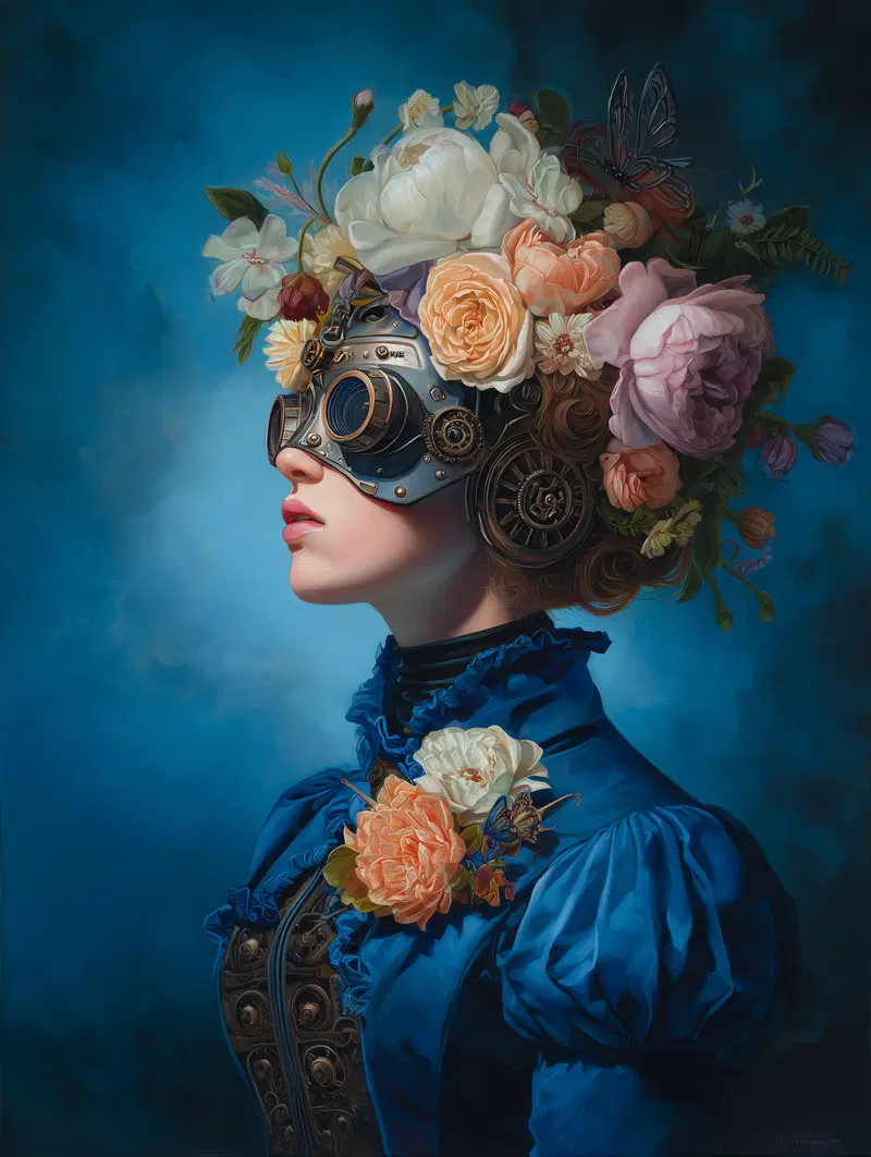 Steampunk inspired portrait with floral mechanical headpiece and blue Victorian dress