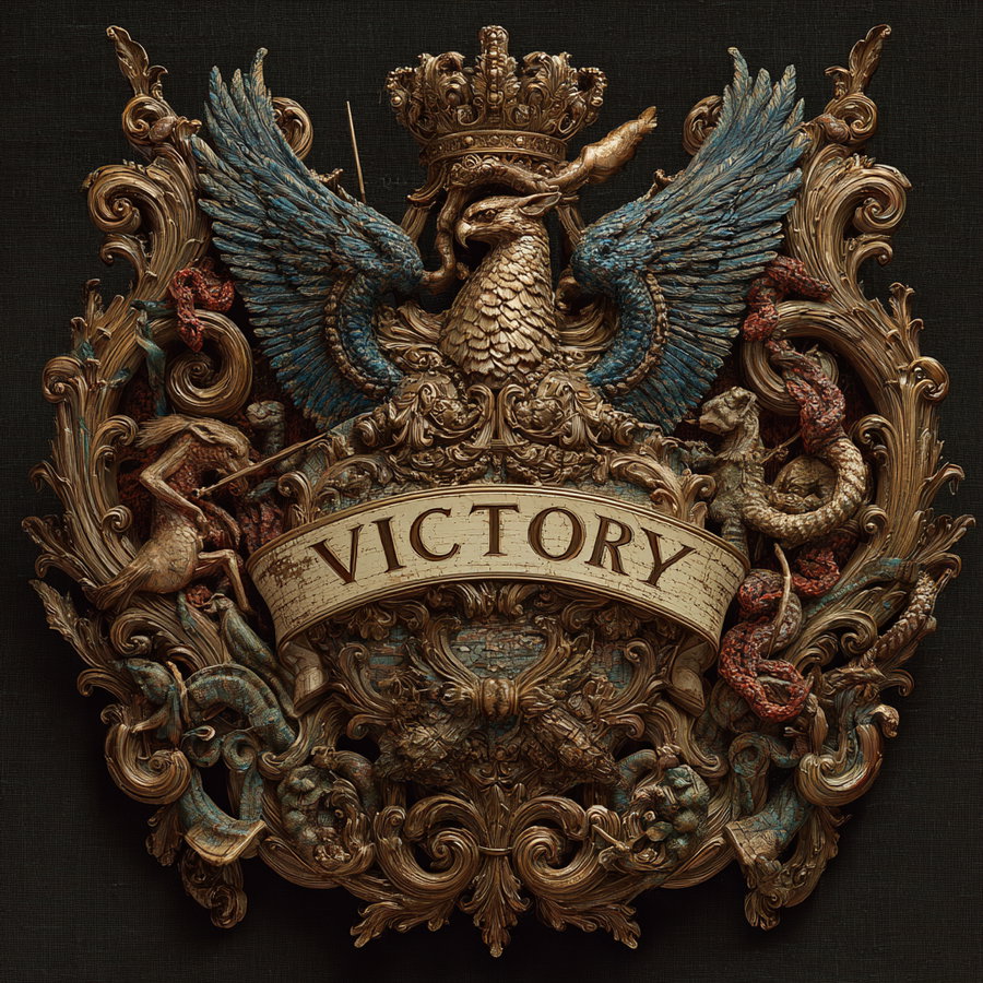 Ornate heraldic crest featuring a crowned eagle with blue wings, a banner reading VICTORY, and intricate gold and red embellishments with mythical creatures on a dark background