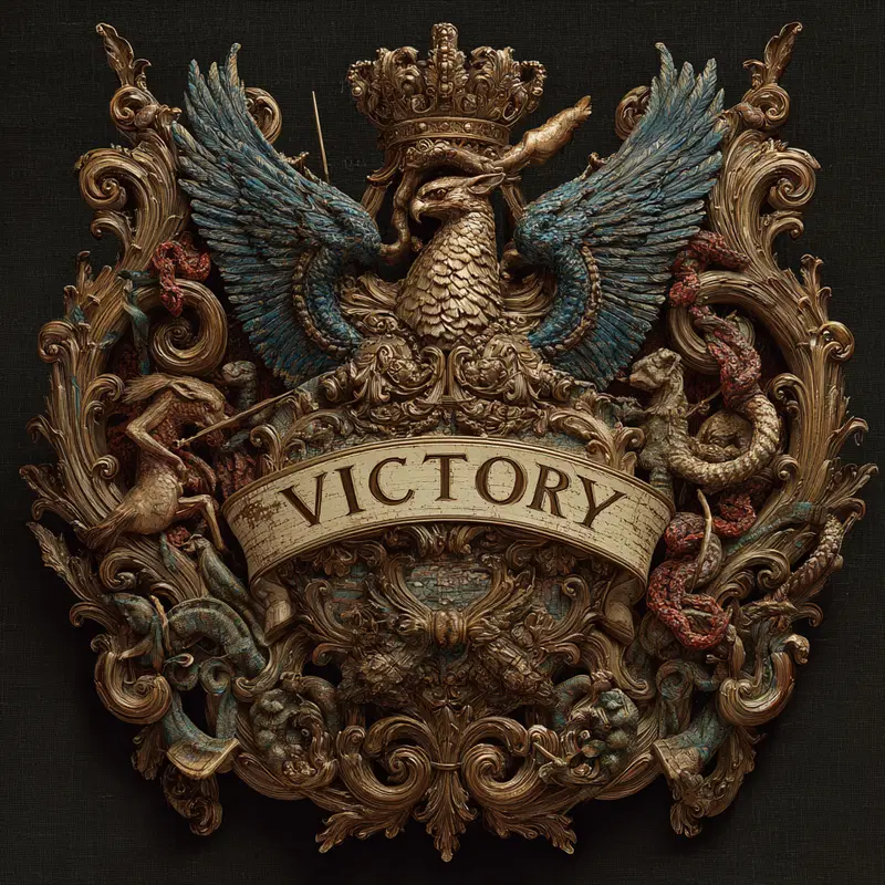 Intricately Detailed Heraldic Crest with Victory Banner and Mythical Creatures
