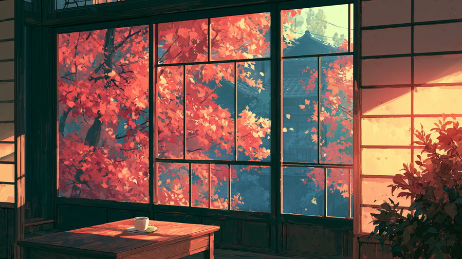 Room with wooden table and a cup, large windows showing bright red autumn leaves on trees outside, warm sunlight casting shadows inside