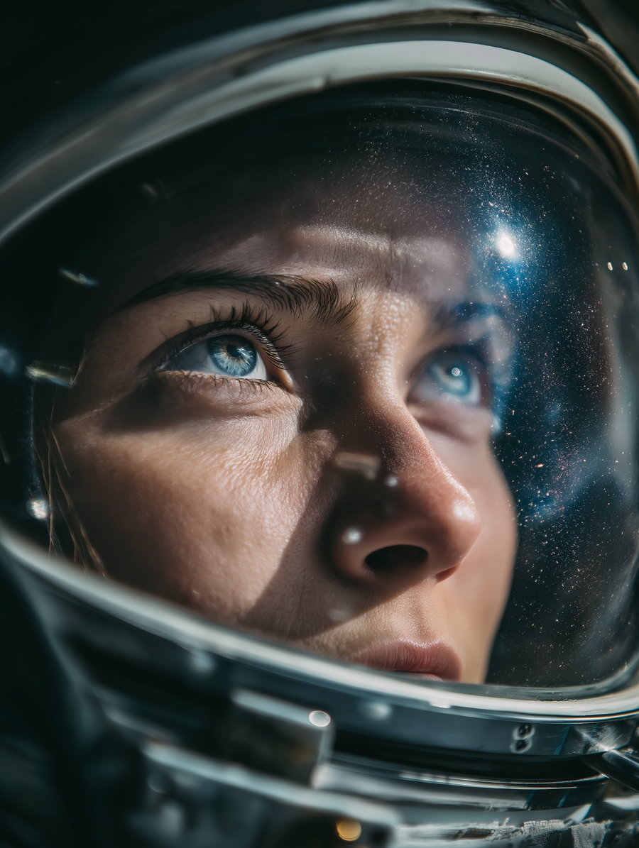 Detailed close-up of a woman wearing an astronaut helmet, showing her blue eyes and facial expression with reflections of stars on the visor