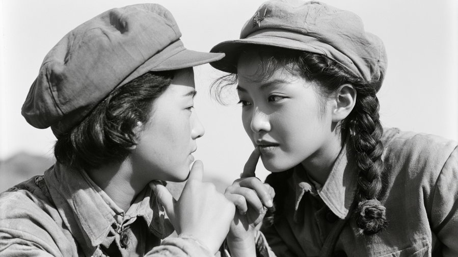 Black and white photograph of two young women wearing army style caps and coats facing each other closely, one with braided hair, both touching their chins in a contemplative gesture