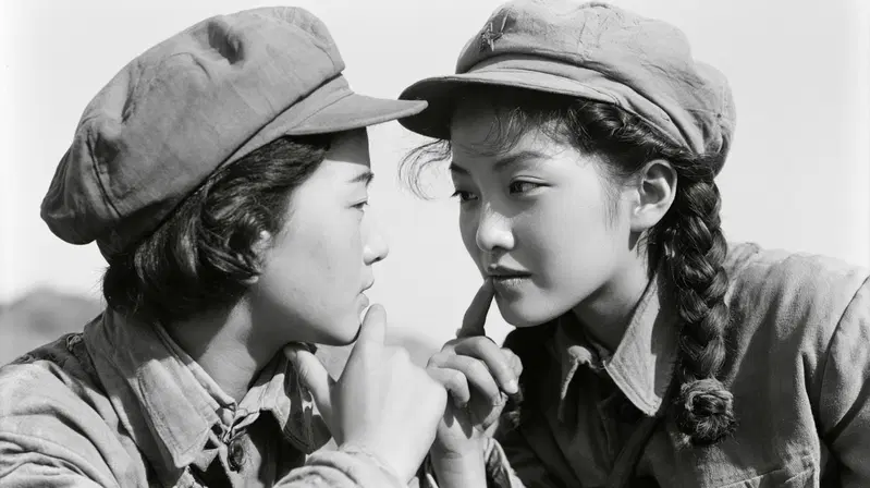 Vintage black and white photo of two women wearing army caps in thoughtful pose