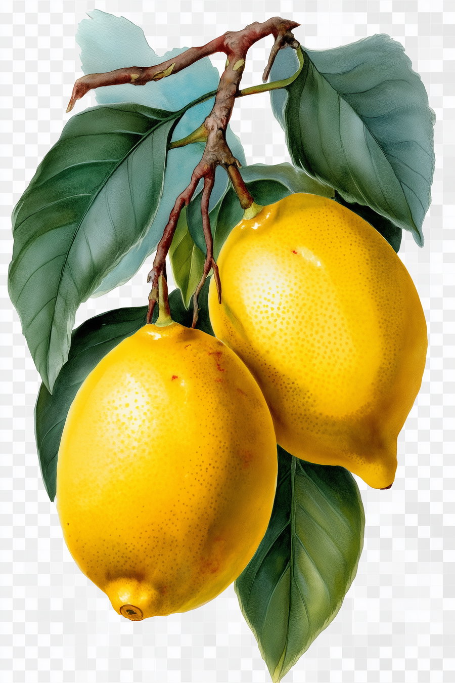 illustration of two yellow lemons hanging on a brown branch with green leaves