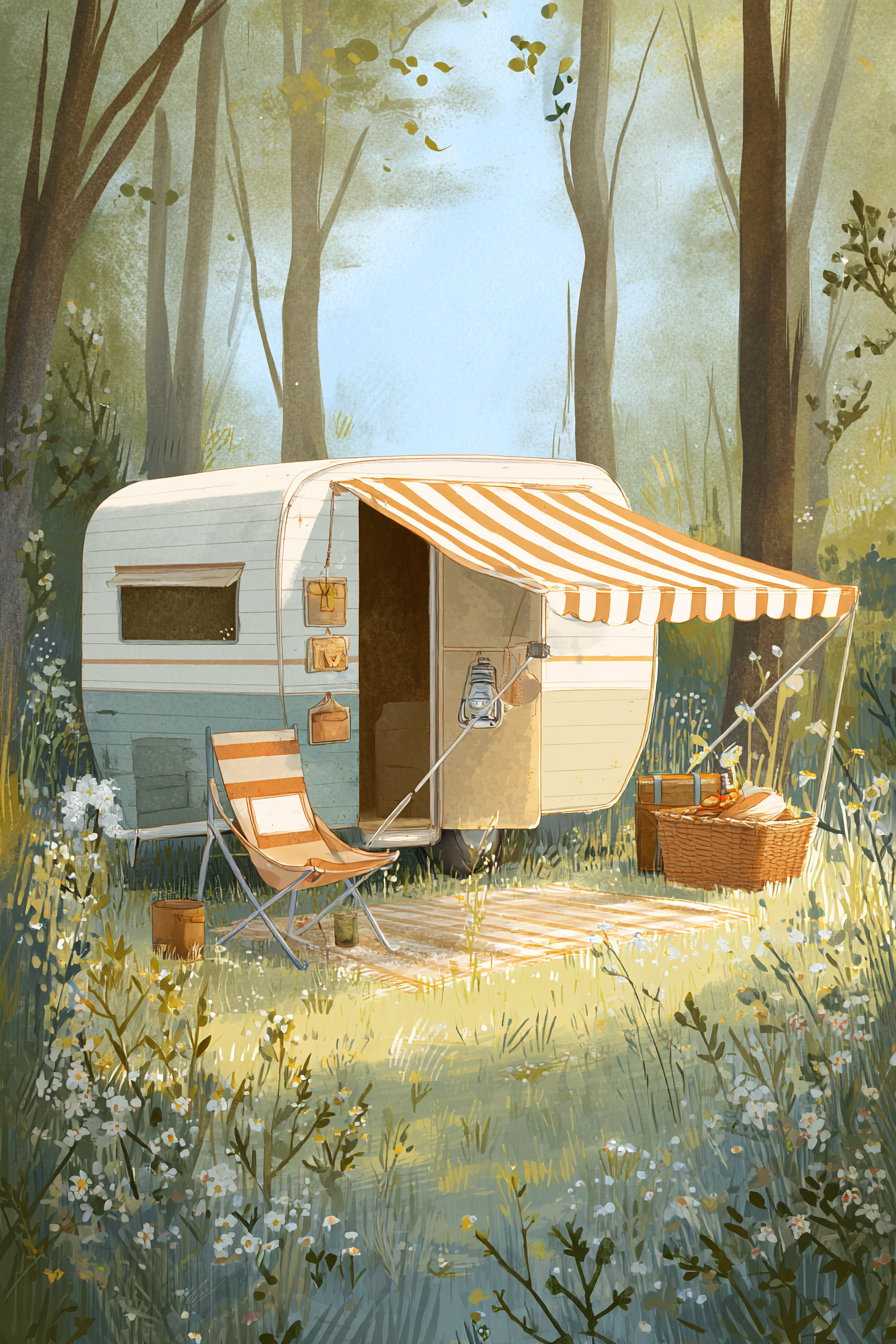 Illustration of a vintage camper with striped awning set in a lush green forest clearing filled with flowering plants and wildflowers