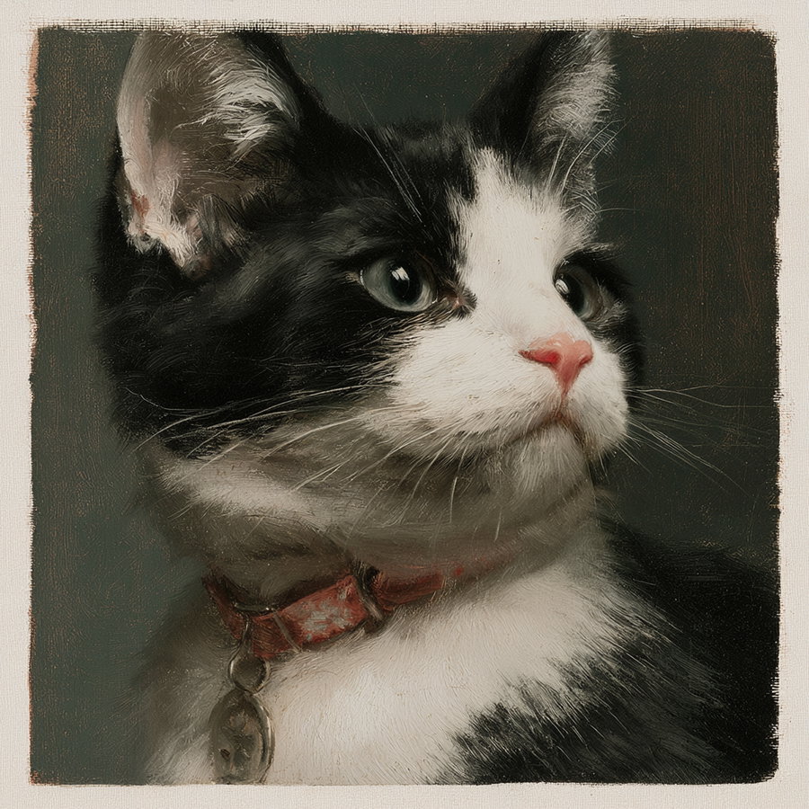 close-up oil painting of a black and white cat wearing a worn red collar with a round metal tag against a dark background