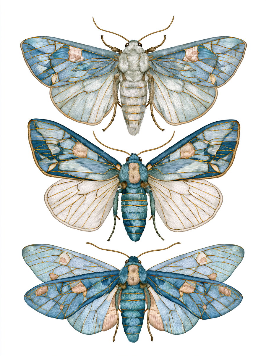 Three hand-drawn moths with detailed blue and beige wings on a white background