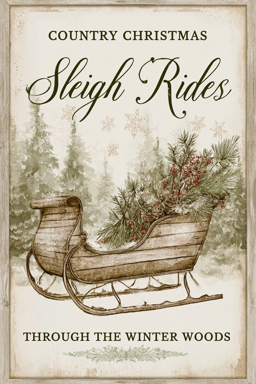 Rustic wooden sleigh decorated with pine branches and red berries in a winter forest scene with text Country Christmas Sleigh Rides Through The Winter Woods