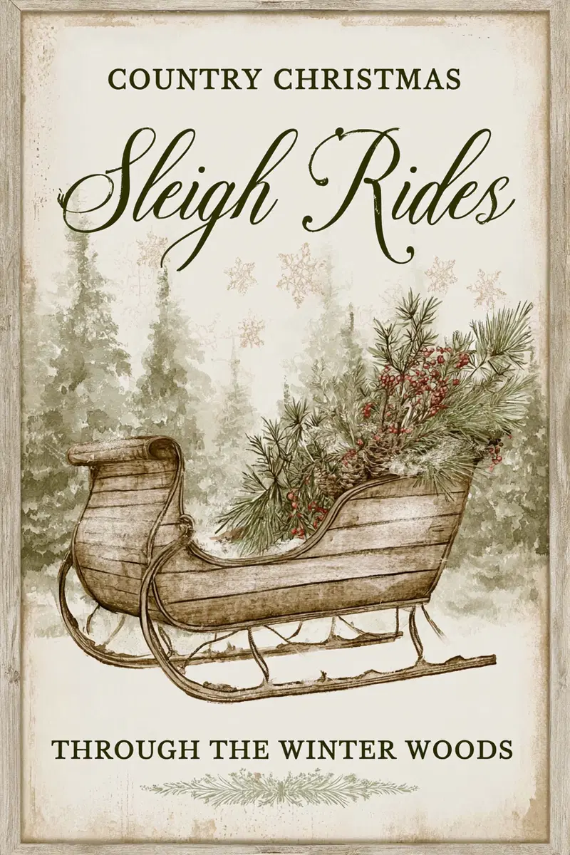 Country Christmas Sleigh Rides Through the Winter Woods Wall Art