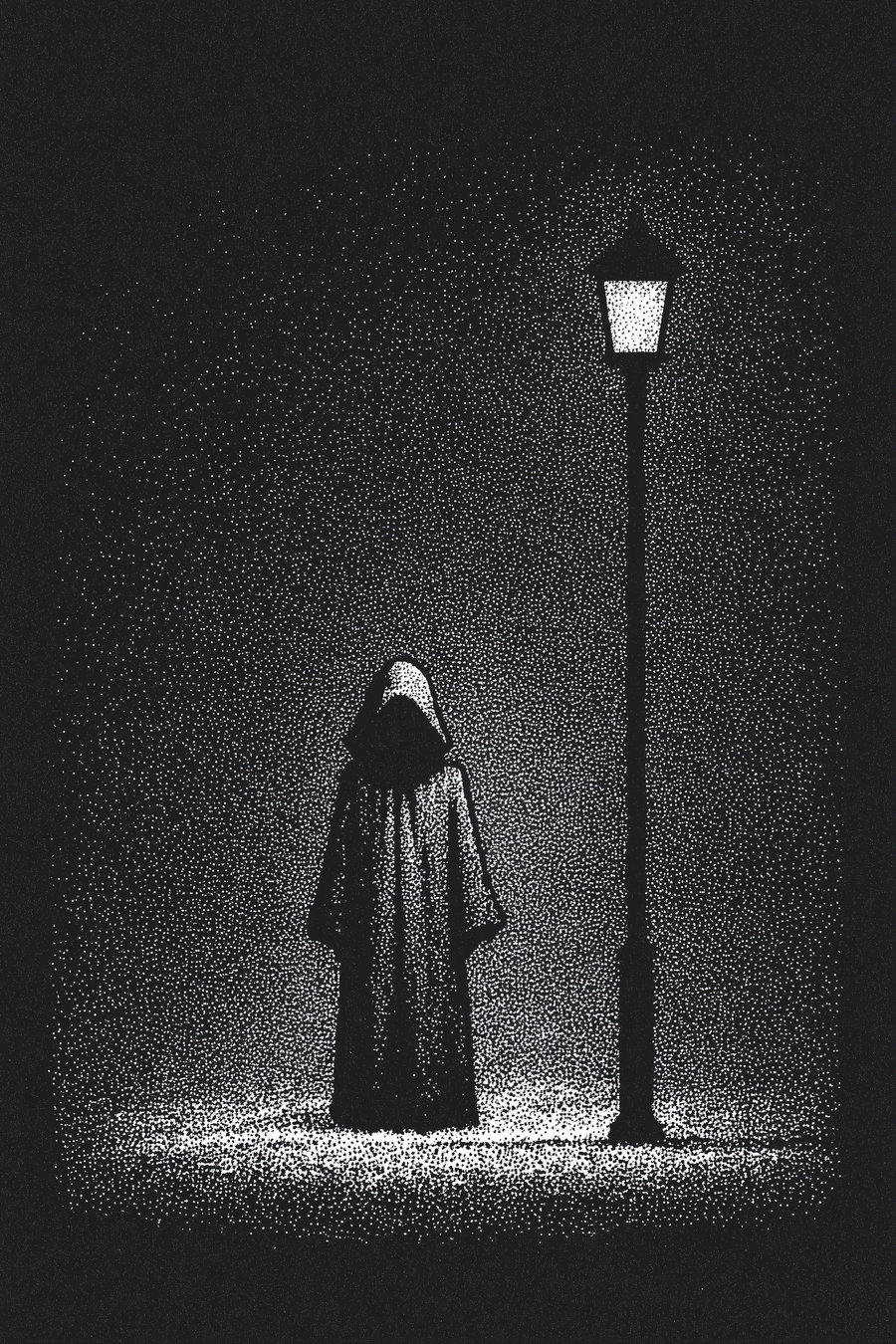 Black and white pointillism art showing a shadowy hooded figure standing near a lit streetlamp in the dark