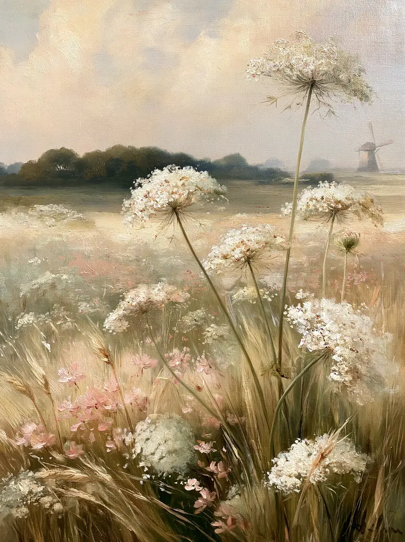Vintage style botanical painting of wildflowers with a distant windmill