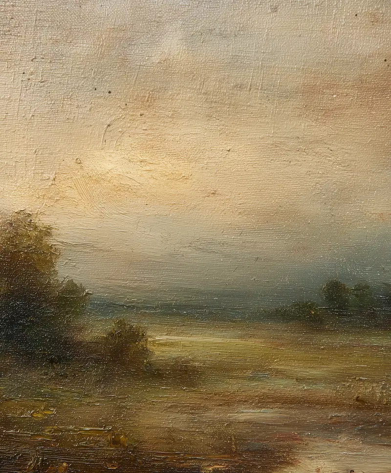 Soft and serene vintage landscape oil painting with natural tones
