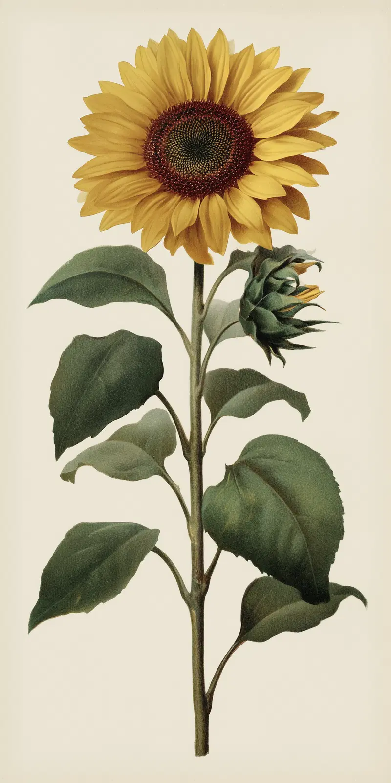 Detailed Vintage Botanical Print of a Sunflower with Leaves