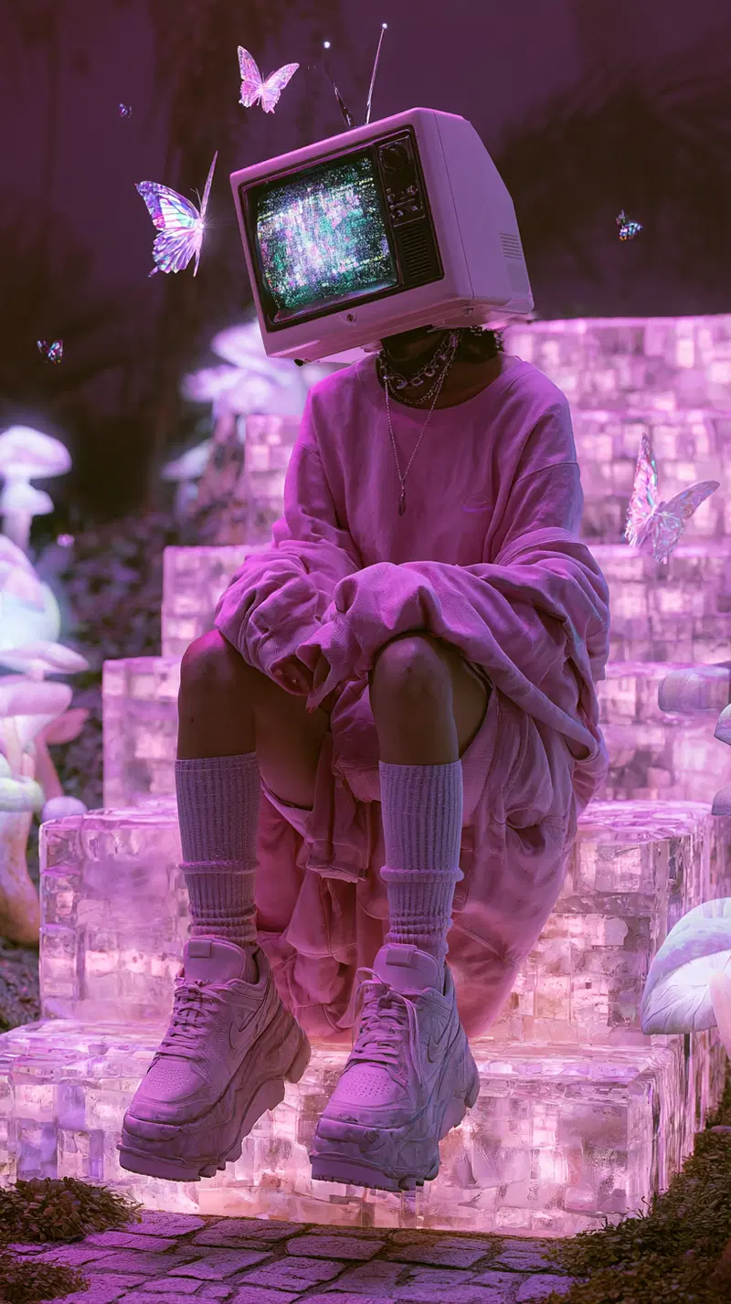 Surreal dreamy art with figure wearing vintage TV as head surrounded by glowing butterflies