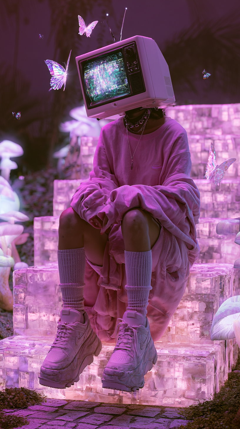 Person seated on glowing steps wearing an oversized pink outfit and sneakers with an old television set as a head, pink butterflies fluttering around in a dimly lit fantasy setting