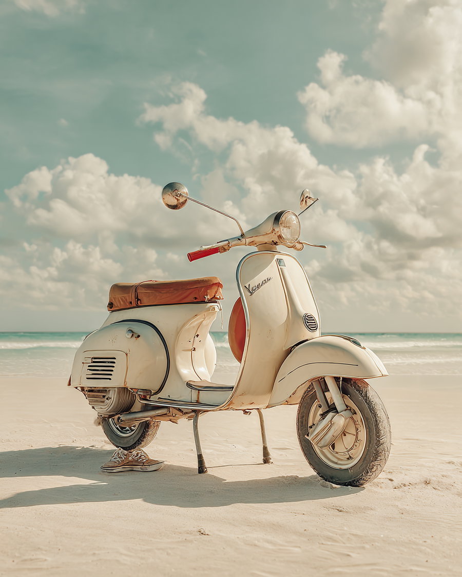 A cream-colored vintage Vespa scooter with a brown seat parked on a sandy beach under a partly cloudy sky.