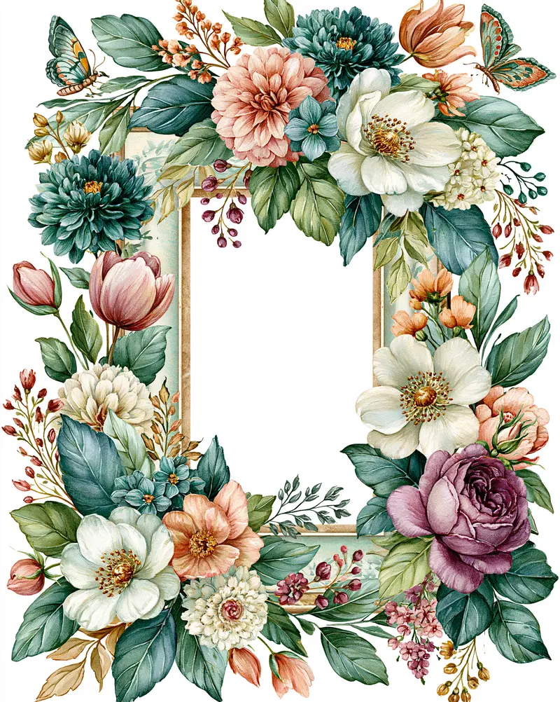 Elegant floral frame with colorful flowers and green leaves artwork