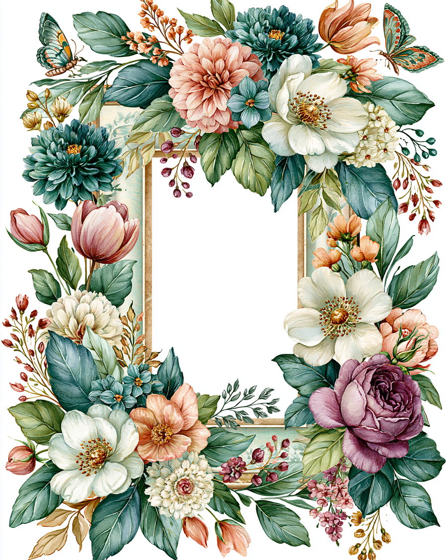 Rectangular frame decorated with various colorful flowers, green leaves, and two butterflies on a white background