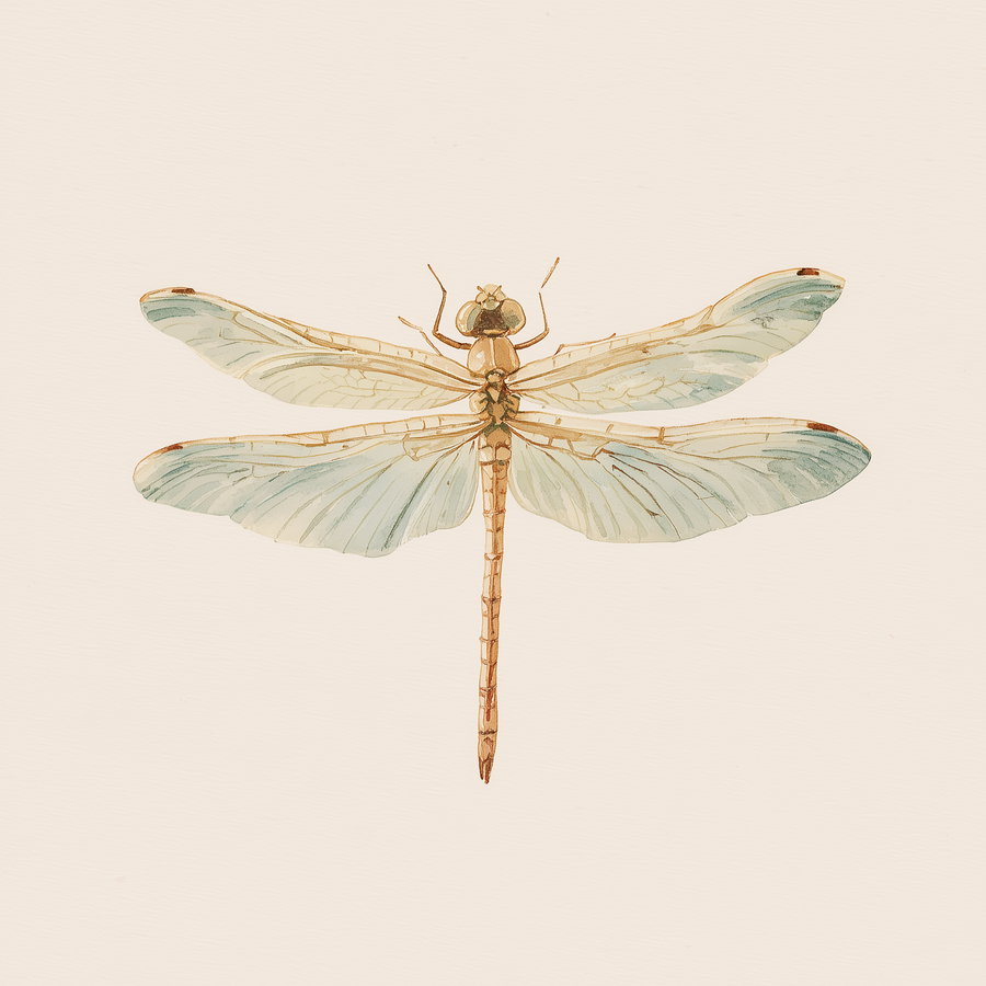 Watercolor painting of a dragonfly with light blue and beige translucent wings on a cream background