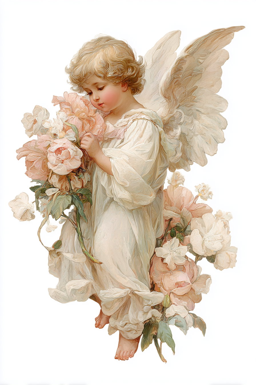 A painting of a cherubic angel with curly blonde hair and white wings, dressed in a flowing white gown, surrounded by soft pink and white flowers, holding a bouquet gently.