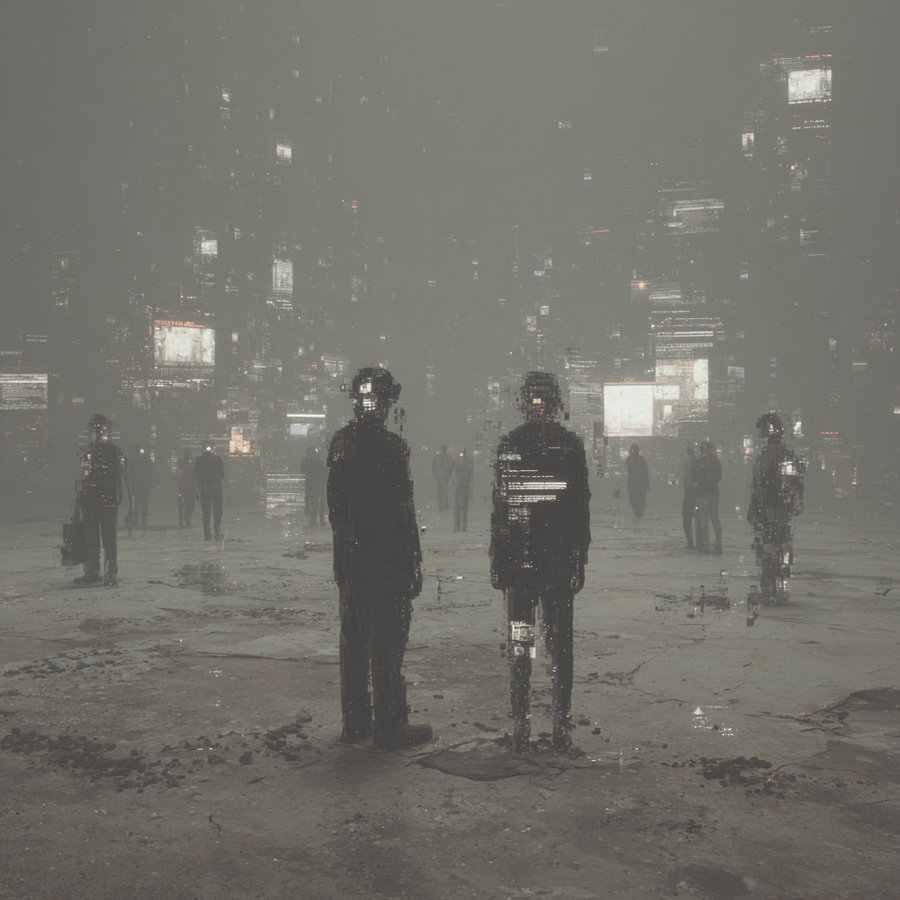 Digital artwork depicting multiple shadowy human silhouettes standing on cracked ground with a foggy background filled with abstract, glitchy cityscape lights