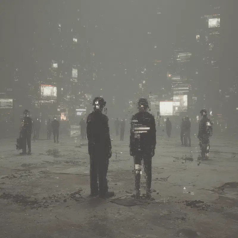 Eerie digital art of shadowy figures in a foggy, shattered urban landscape
