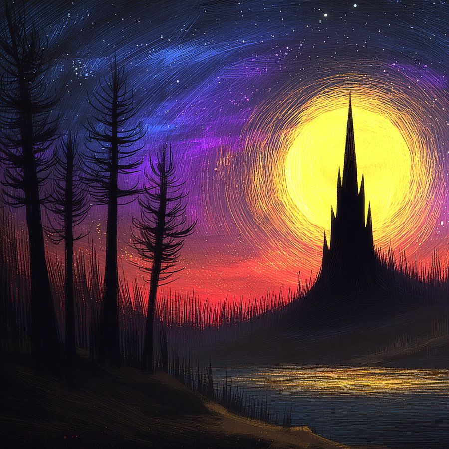 Painting of a tall gothic castle silhouetted against a large glowing yellow moon with a vibrant sky in shades of purple, blue, and red, surrounded by dark bare trees and a reflective body of water