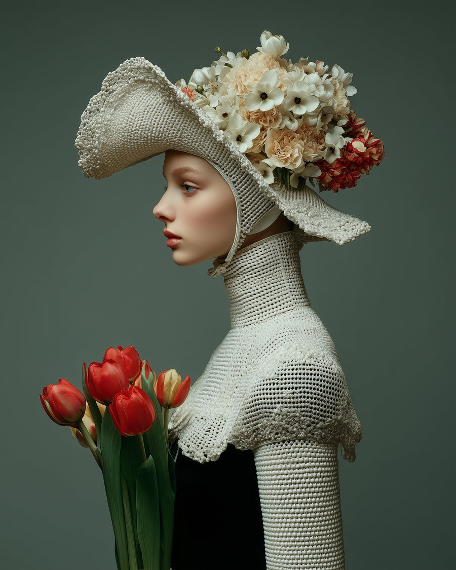 A woman is shown in side profile wearing an intricate white crocheted hat adorned with cream and red flowers, paired with a matching crocheted top. She is holding a bouquet of red and yellow tulips against a plain muted green background.