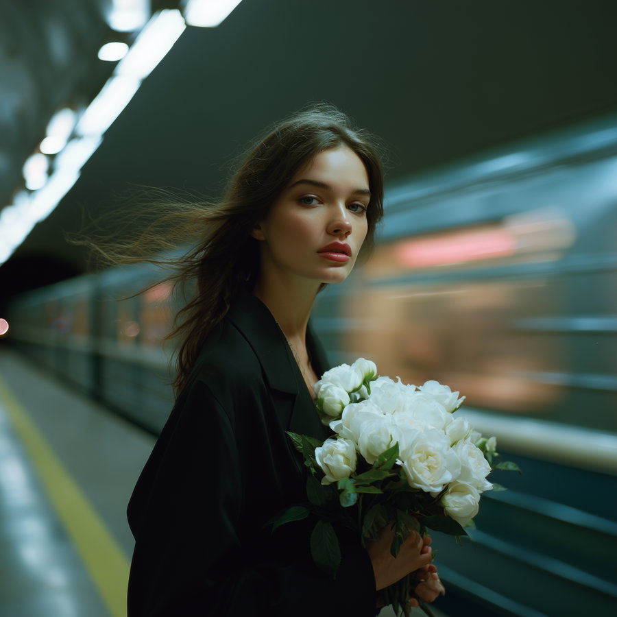 A young woman with long hair wearing a black outfit holding a bouquet of white roses standing on a subway platform with a train passing by in the background
