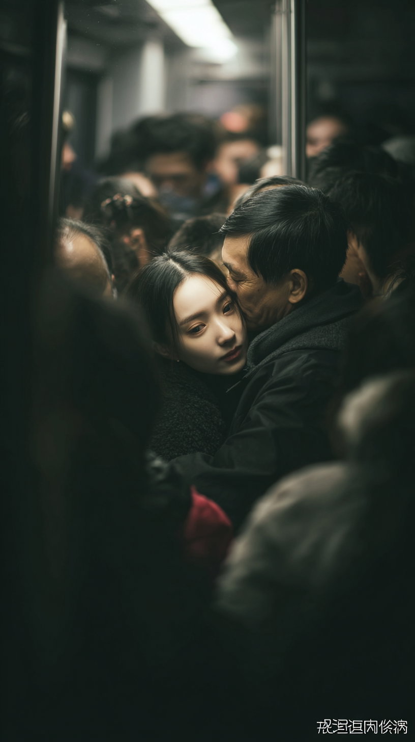 A moody, intimate portrait showing a man kissing a woman on the cheek in a crowded, dimly lit space with blurred people around them