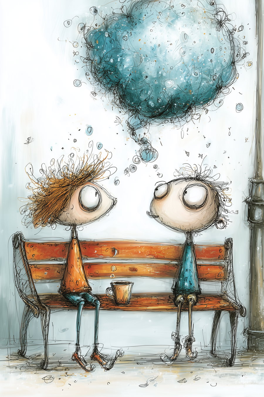 Abstract drawing of two cartoon-like characters with exaggerated eyes sitting on an orange wooden bench, one in orange and the other in blue, with a large blue and black scribbled thought bubble above them on a light background