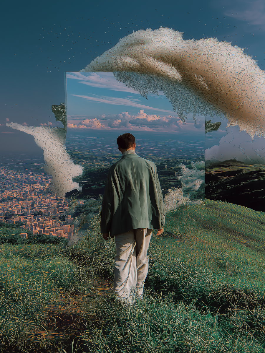 A man stands on a grassy hill facing a large reflective portal that shows clouds and distant cityscape, surrounded by surreal swirling clouds under a blue sky