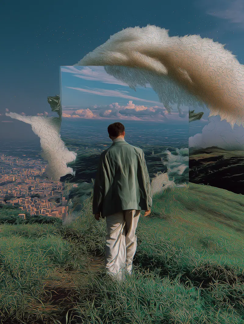 Surreal scene of a man standing in grass looking at a reflective portal blending clouds and cityscape