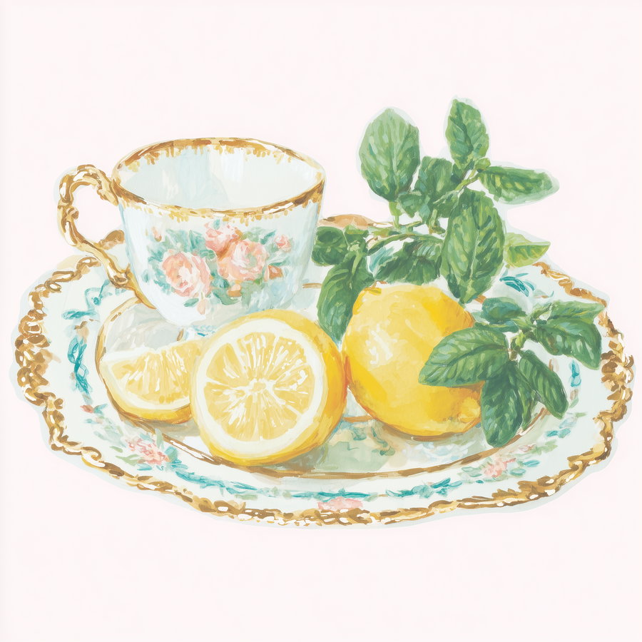 A vintage floral teacup and saucer decorated with gold trim, accompanied by whole and sliced lemons and green leaves, painted in a soft watercolor style.