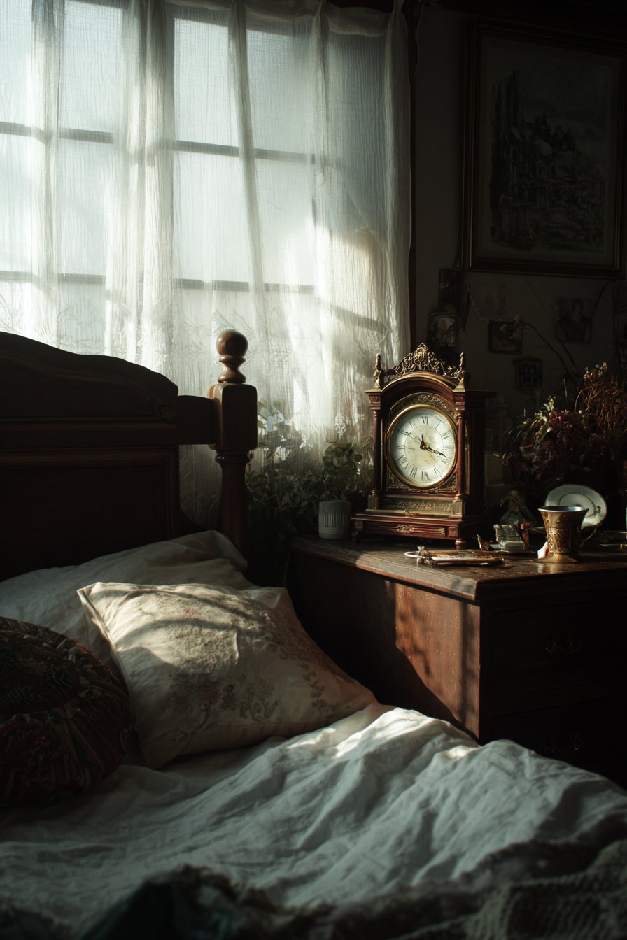 Sunlit antique wooden bed with floral pillows next to a wooden nightstand holding a vintage clock, tea cup, and dried flowers under sheer curtains