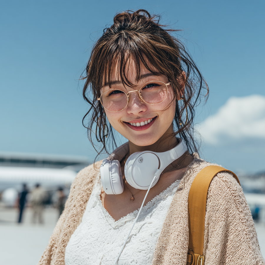 Close-up photo of a young woman with light brown hair, wearing glasses and white headphones around her neck, smiling against a background of blue sky and blurred distant figures